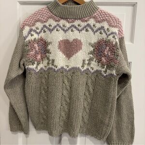 Vintage Golden Touch Sage Green Heart Hand Knit Collar Neck Sweater Large‎